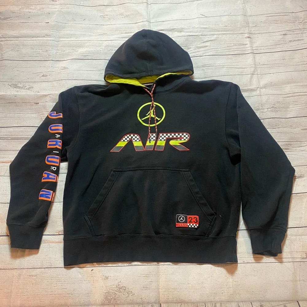Vintage Y2K‎ Air Jordan Hooded Sweatshirt Black Neon Green Jumpman Men's Medium